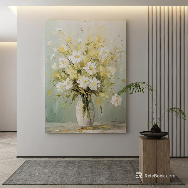 Elegant Modern Living Room Wall Art With White Flowers In Vase And Green Plant 3d model 