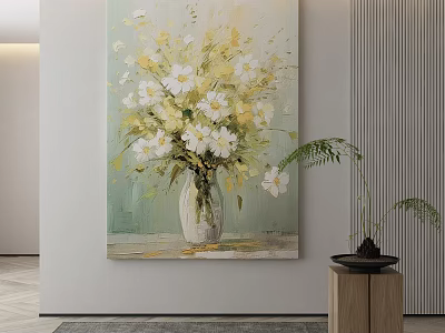 Elegant Modern Living Room Wall Art With White Flowers In Vase And Green Plant 3d model