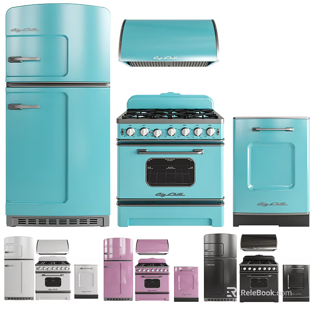Retro Style Kitchen Appliances In Various Colors Including Refrigerator Stove And Oven 3d model 