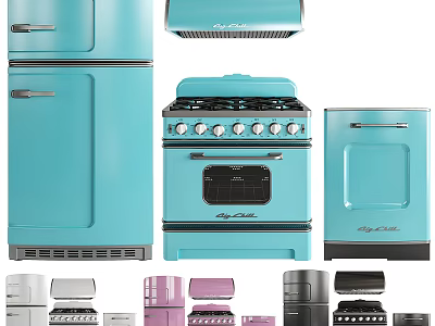 Retro Style Kitchen Appliances In Various Colors Including Refrigerator Stove And Oven 3d model