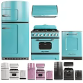 Retro Style Kitchen Appliances In Various Colors Including Refrigerator Stove And Oven