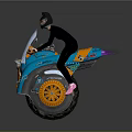 Person In Black Suit With Cat Ear Helmet Riding Colorful Orange Blue Motorcycle