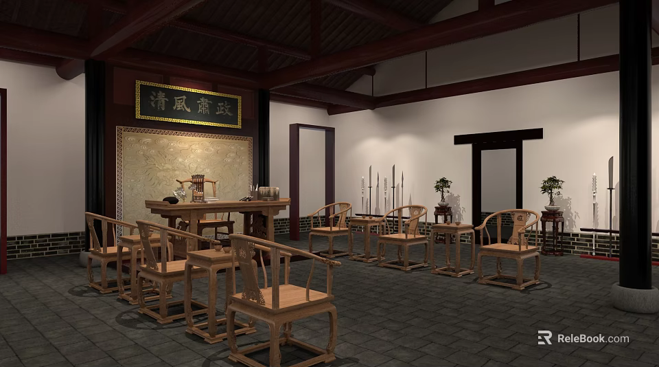 Chinese Style Cultural Center Interior With Wooden Tables Chairs And Traditional Decorations 3d model 