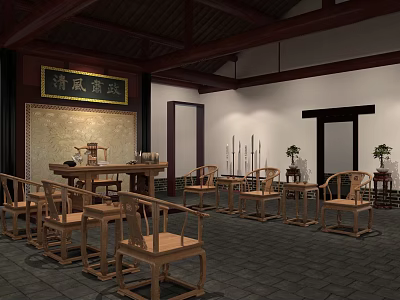 Chinese Style Cultural Center Interior With Wooden Tables Chairs And Traditional Decorations 3d model