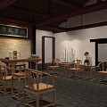 Chinese Style Cultural Center Interior With Wooden Tables Chairs And Traditional Decorations