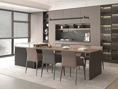 Modern Open Concept Restaurant Interior With Dining Table Chairs And Pendant Lights 3d model