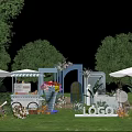 Outdoor Garden Event Display With White Umbrellas Flower Cart Floral Decor And Lake View