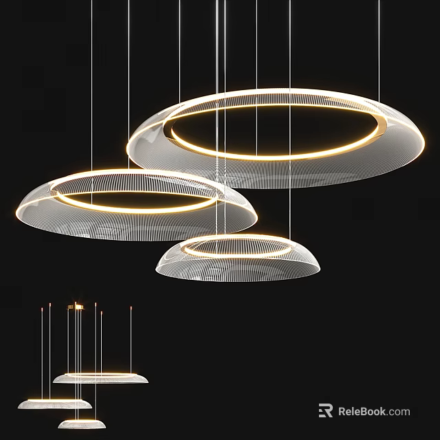 Modern Luxury Three Circular Pendant Lights with Illuminated White Rings Hanging on Black Background 3d model 