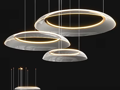 Modern Luxury Three Circular Pendant Lights with Illuminated White Rings Hanging on Black Background 3d model