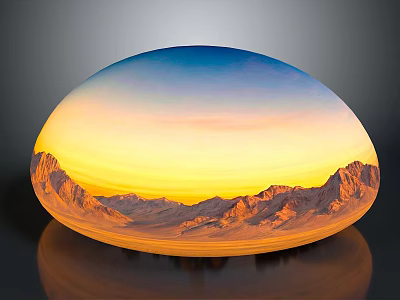 Transparent Hemisphere Displaying Mountain Landscape With Orange And Blue Sunset Sky And Reflective Base Surface 3d model