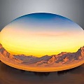 Transparent Hemisphere Displaying Mountain Landscape With Orange And Blue Sunset Sky And Reflective Base Surface