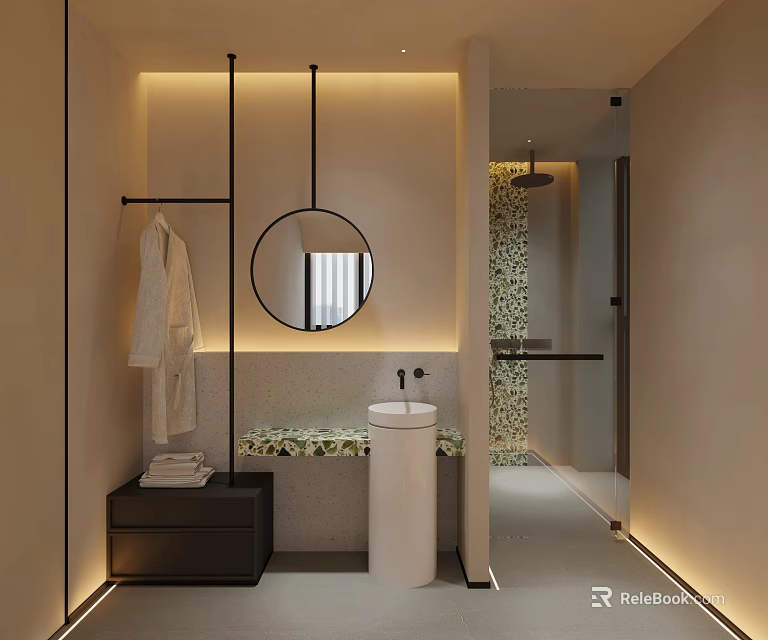 Modern Spa Sauna Interior With Robe Round Mirror And Soft Lighting 3d model