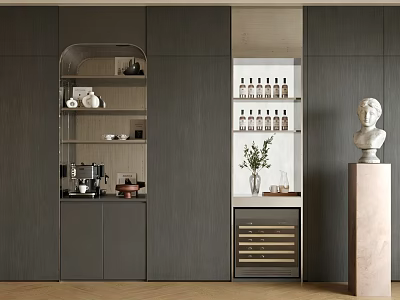 Modern Dark Wooden Sideboard with Open Shelves Coffee Maker Bottles Plant and Sculpture 3d model