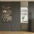Modern Dark Wooden Sideboard with Open Shelves Coffee Maker Bottles Plant and Sculpture