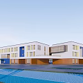 Modern School Building with Multiple Floors Large Windows Green Lawn and Swimming Pool