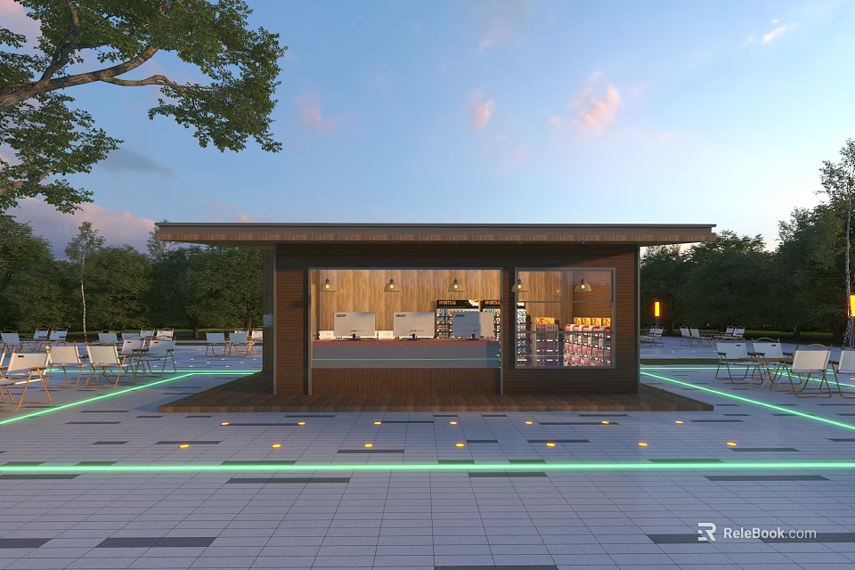 Outdoor Wooden House With Open Design Trees Seating Area Paved Floor And Lighting 3d model 