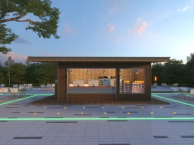 Outdoor Wooden House With Open Design Trees Seating Area Paved Floor And Lighting 3d model