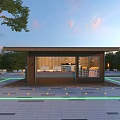 Outdoor Wooden House With Open Design Trees Seating Area Paved Floor And Lighting