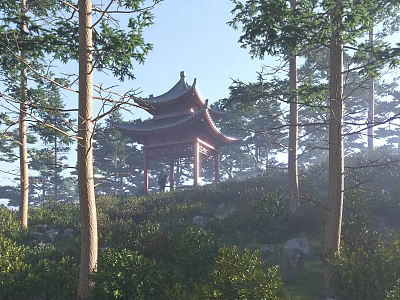 Serene Chinese Garden Landscape With Traditional Pavilion Tall Trees Rocks And Green Plants 3d model