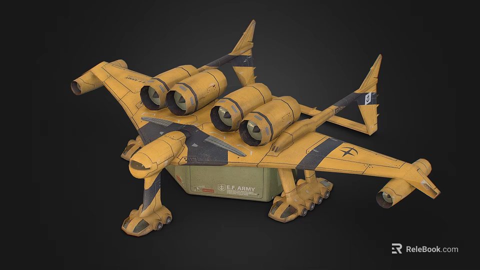 Yellow Fighter Jet Design With Black Stripes And Multiple Engines 3d model