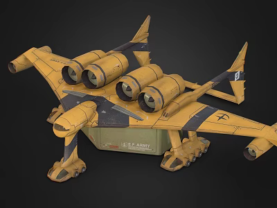 Yellow Fighter Jet Design With Black Stripes And Multiple Engines 3d model