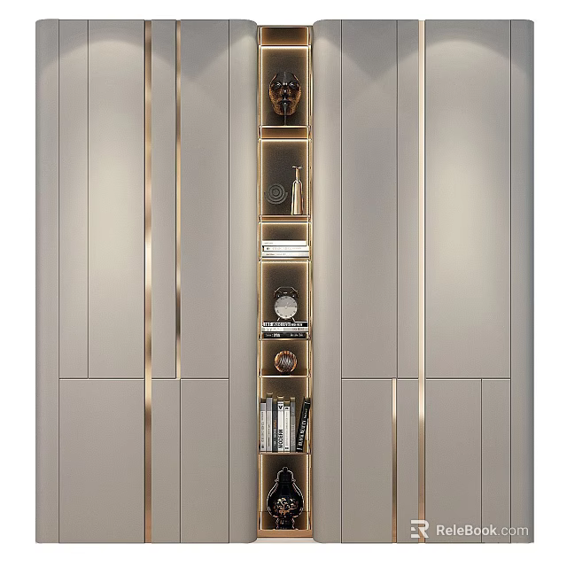 Elegant Modern Wardrobe With Golden Trim And Display Shelves For Decorative Items 3d model 