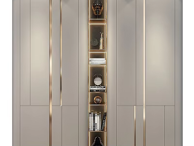 Elegant Modern Wardrobe With Golden Trim And Display Shelves For Decorative Items 3d model