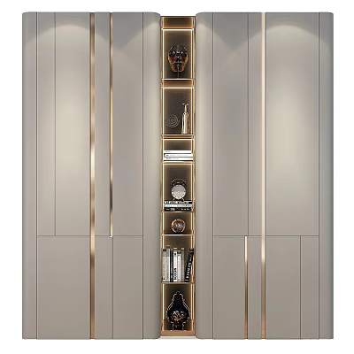 Elegant Modern Wardrobe With Golden Trim And Display Shelves For Decorative Items 3d model