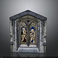 Gothic Architectural Stained Glass Window With Intricate Stone Frame And Vibrant Color Design