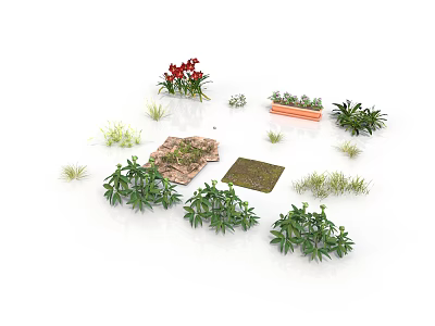Various Types of Plants Including Red Flowers Green Shrubs Grass Tufts And Moss Mats 3d model