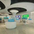 Modern Exhibition Hall Interior With Curved Ceiling White Columns And Blue Display Counters 3d model