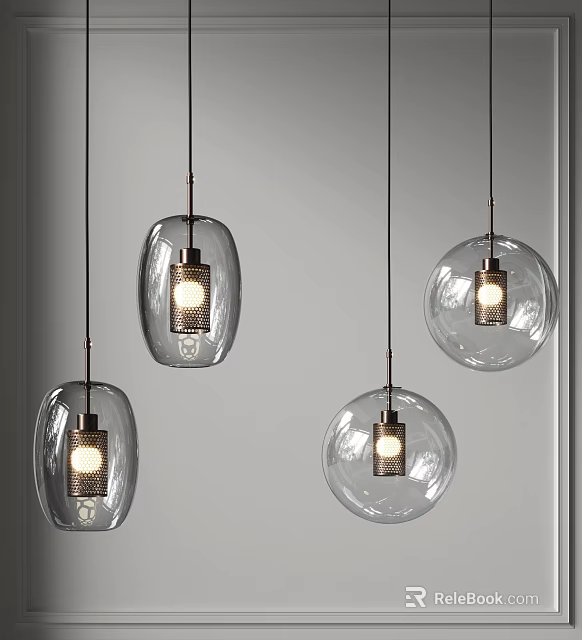 Modern Transparent Glass Pendant Lights With Oval And Round Shapes And Metal Frames 3d model 