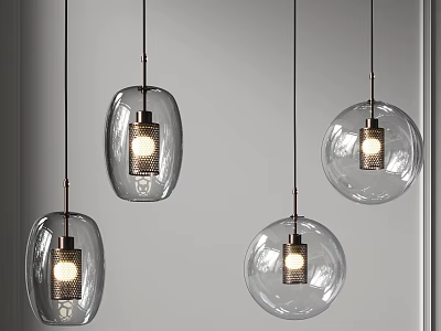 Modern Transparent Glass Pendant Lights With Oval And Round Shapes And Metal Frames 3d model