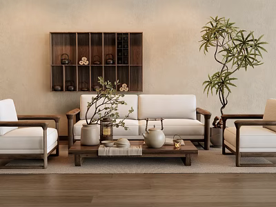 Minimalist Sofa And Coffee Table Set With White Upholstery Wooden Frame Decorative Plants And Wall Shelf 3d model