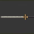 Medieval Weapon Sword With Metal Blade Golden Cross Guard And Purple Hilt On Reflective Surface