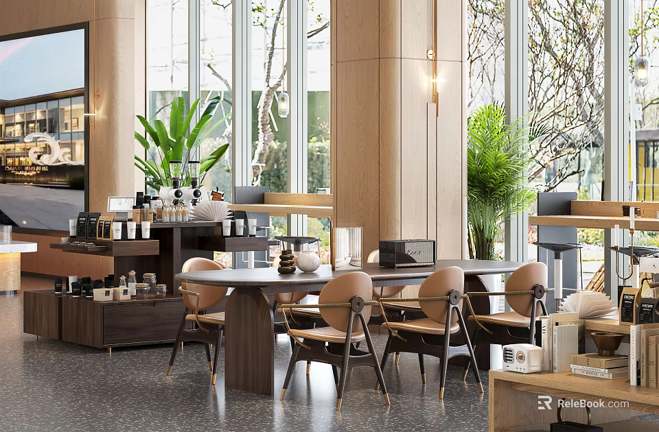 Modern Luxury Dining Table Set In Bright Interior With Green Plants And Matching Chairs 3d model 