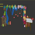 Wedding Arch With Red Flowers Blue Polka Dot Fabric Candle Holders Easel Transparent Spherical Decorations