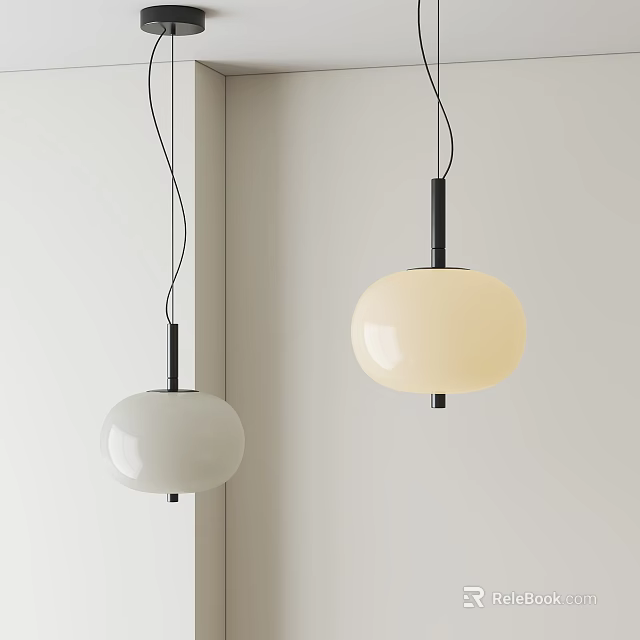 Modern Pendant Lights With White And Cream Round Shades And Black Stems On Wall 3d model 