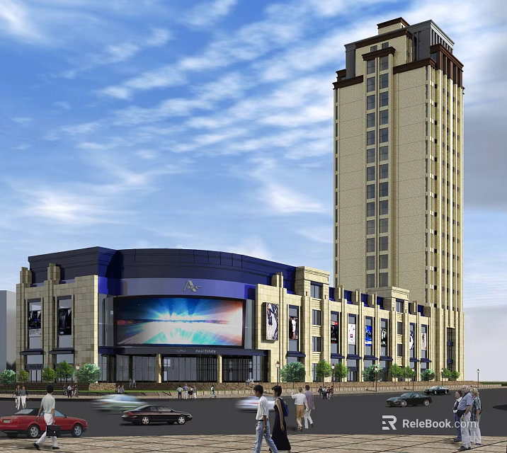 Modern Commercial Building With High Rise Tower Digital Billboard Pedestrians And Vehicles On Street 3d model 