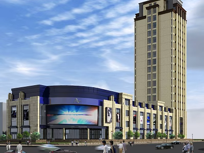 Modern Commercial Building With High Rise Tower Digital Billboard Pedestrians And Vehicles On Street 3d model