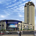 Modern Commercial Building With High Rise Tower Digital Billboard Pedestrians And Vehicles On Street