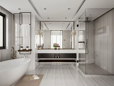 Modern Bathroom Interior Design With White Bathtub Double Vanity Large Mirror And Glass Shower 3d model