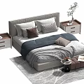 Stylish Double Bed with Grey Headboard Pillows Bedspread Nightstands and Ottoman on Patterned Rug 3d model