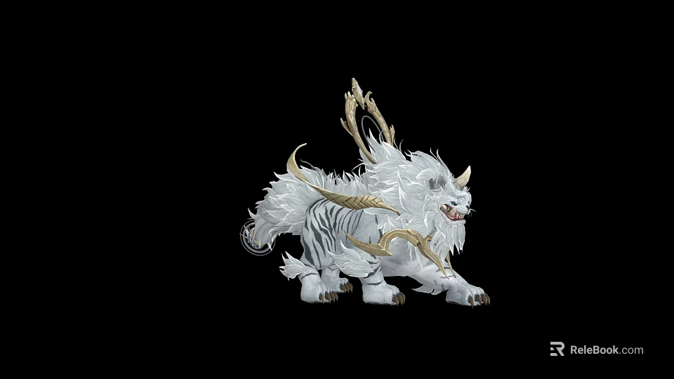 Mythical White Beast With Golden Horns Mane And Dynamic Pose On Black Background 3d model 
