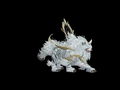 Mythical White Beast With Golden Horns Mane And Dynamic Pose On Black Background 3d model