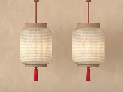 Two Hanging Textured Lanterns With Wooden Tops And Red Decorative Tassels 3d model