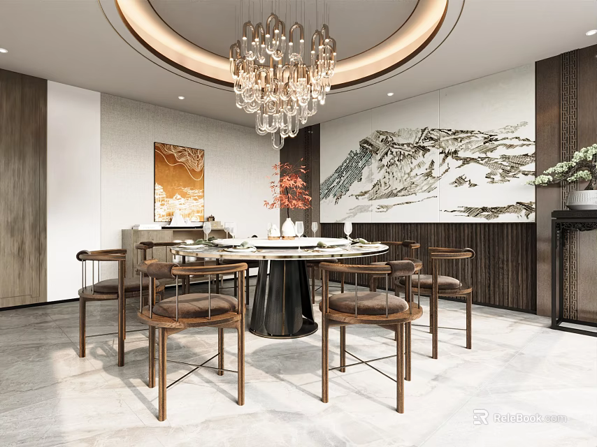 Elegant Private Dining Room With Round Table Crystal Chandelier Landscape Painting And Wooden Decor 3d model 