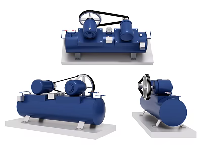 Industrial Blue Air Compressor With Motor Driven Pulley And Storage Tank 3d model
