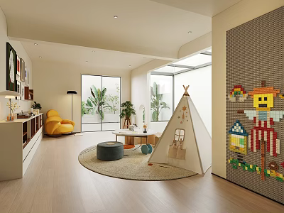 Modern Playroom Interior With Teepee Rug Yellow Sofa And LEGO Wall 3d model