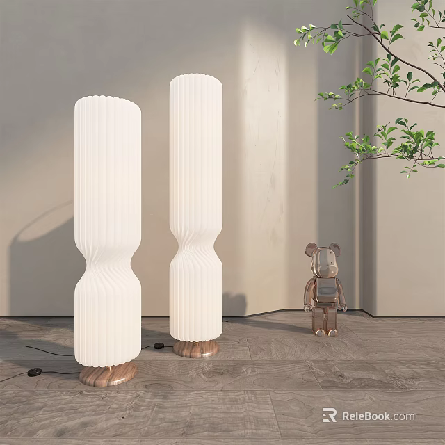 Modern Floor Lamps with White Pleated Shades and Wooden Bases in Interior with Decorative Figurine 3d model 